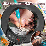 Krstlv 10X Magnifying Glass with Light and Stand, 5 Color Modes Stepless Dimmable LED Lighted Desk Lamp, Hands Free Magnifier with Flexible Goose-Neck for Craft Hobby Painting Sewing Close Work