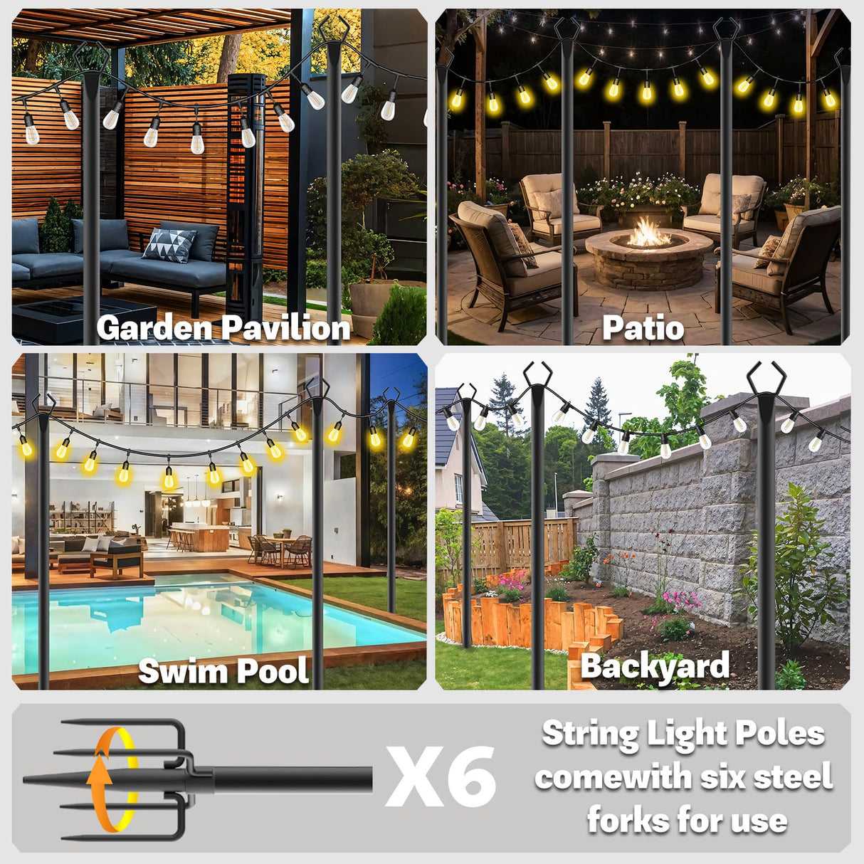 NSHWFW 6 Pack 10 ft Heavy Duty Metal String Light Poles Adjustable Outdoor Lighting Stand for Patio,Backyard,Garden,Party & Wedding Rustproof & Sturdy with Hooks
