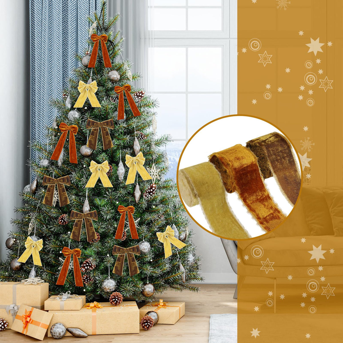 3 Roll Christmas Silk Velvet Vintage Wrapping Ribbon, Raw Edge Fringe Ribbon for Xmas Bow Wreath Wrapping Floral Bouquets - 9 Yards (Apricot, Khaki, Brown, 2'' Width)