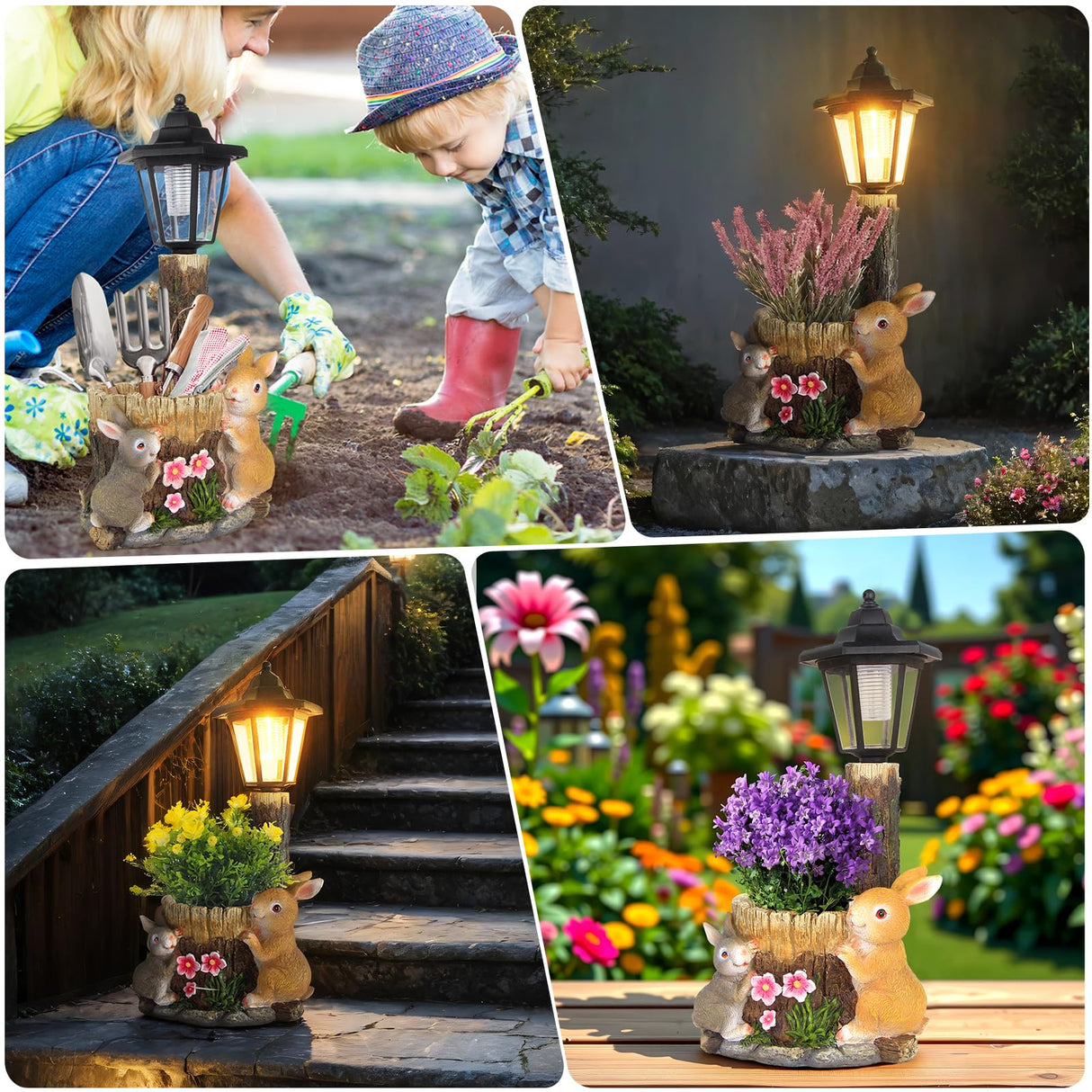 YEPOTUE Solar Bunny Garden Stalue Outdoor, Rabbits Figurine Flowerpot Decolwith Solar Lantem for Yard Art Lawn Ornaments Porch Patio Balcony - Gardening Gifts for Women Mom