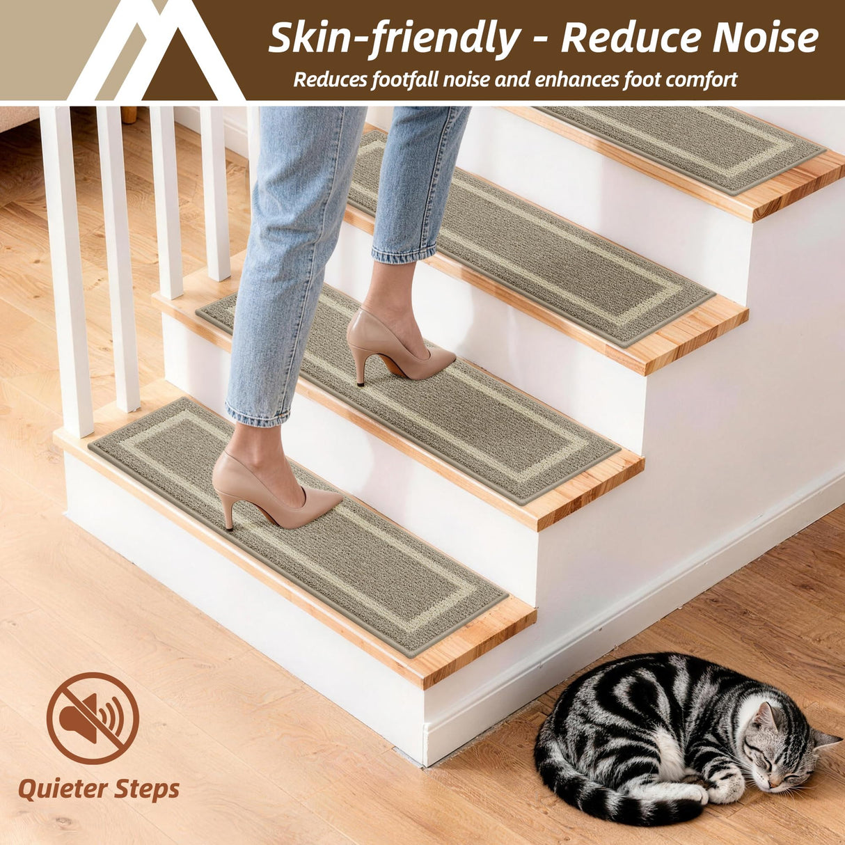 COSY HOMEER Soft Stair Treads 15pcs Non-Slip Carpet Mat 28inX9in Indoor Stair Runners for Wooden Steps,Stair Rugs for Kids and Dogs, 100% Polyester TPE Backing Beige