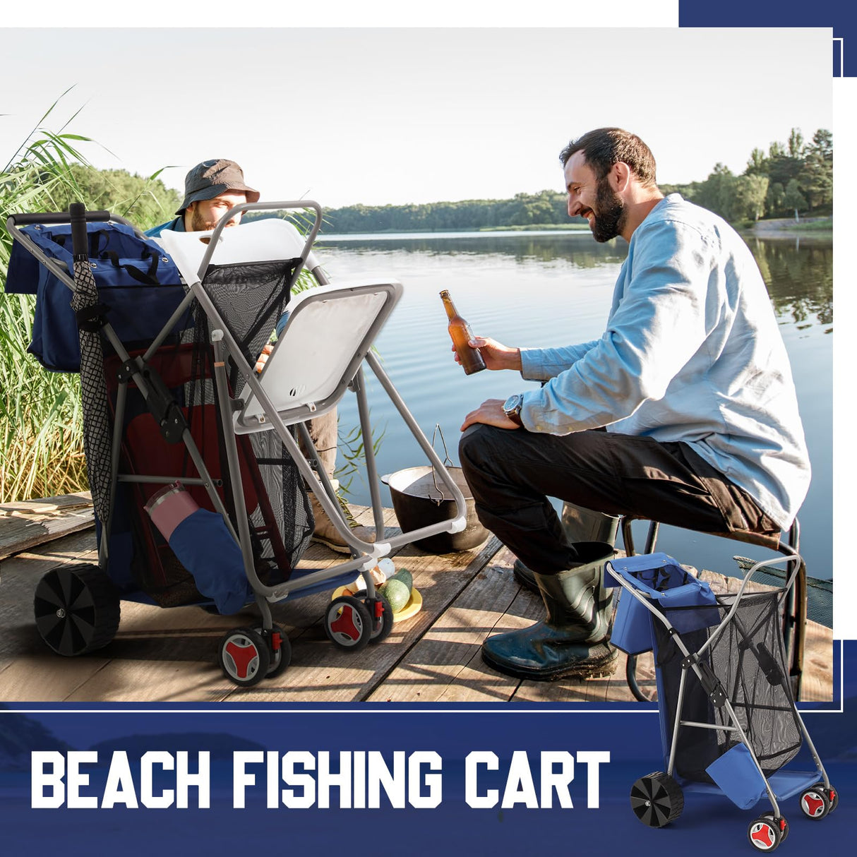 DoubleFill Beach Cart with Big Wheels for Sand, Foldable Beach Wagon Buggy with Surfboard Holder, Removable Tote and Aluminum Frame, Wide Wheel for Chairs, Cooler, Camping, Picnic Outdoor(Blue)