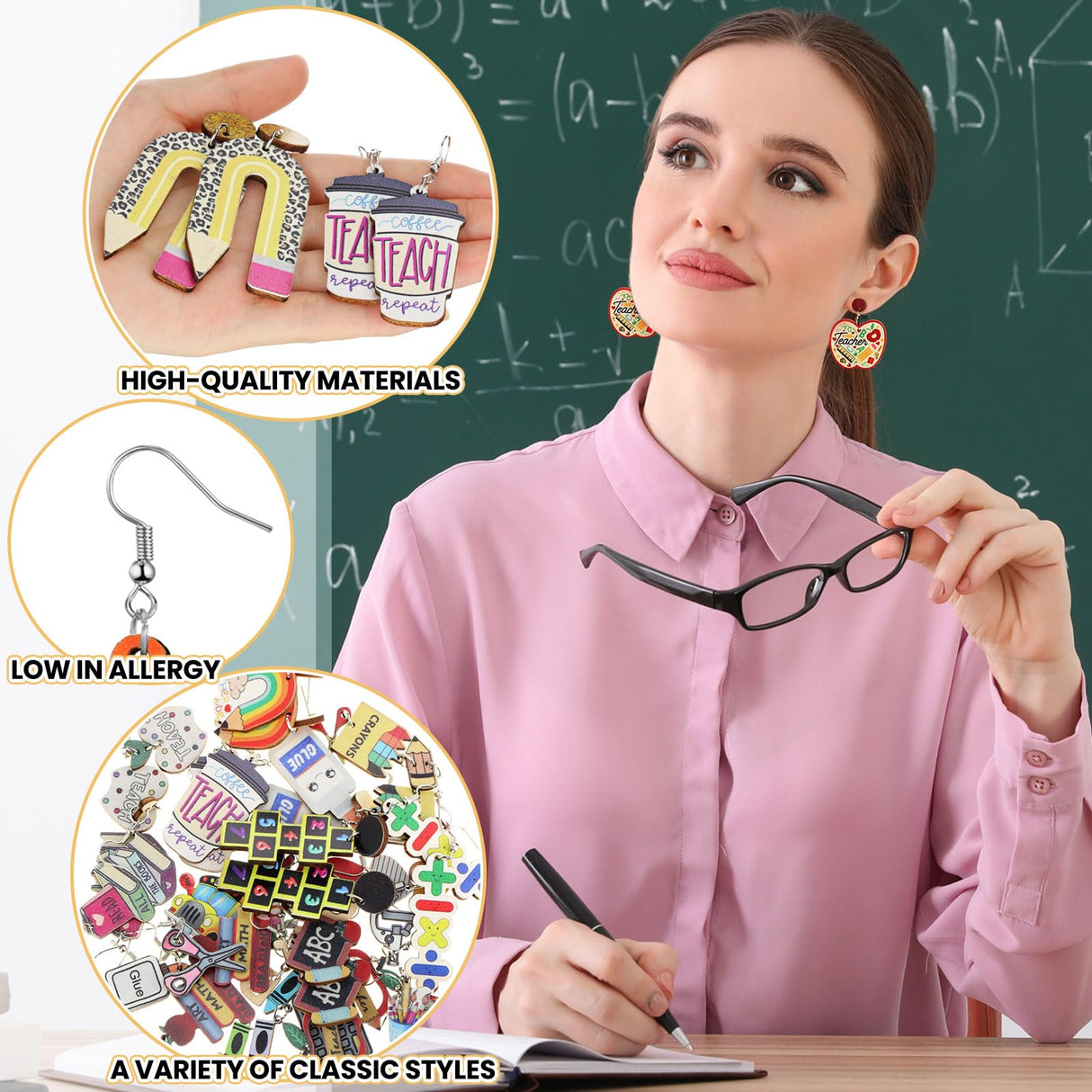 Quelay 36 Pairs Teacher Earrings for Women Fun Wooden Studs Bulk Cute Back to School Gift Dangle Earrings Sets Colorful Pencil Apple Rainbow Jewelry for Classroom Appreciation Jewelry Gift