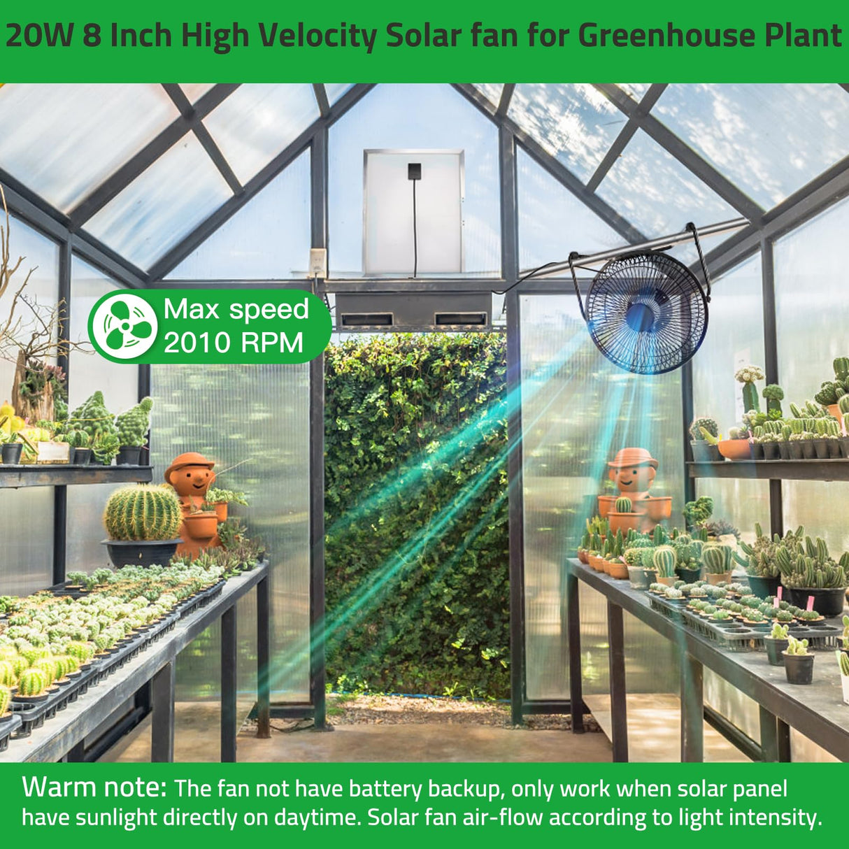 blessny 8" Solar Fan for Outdoor Greenhouse, Chicken Coop, Pet House, Shed Air Circulation Cooling, 25W Solar Powered with 16.4 FT Long Cord, 2010 RPM High Velocity