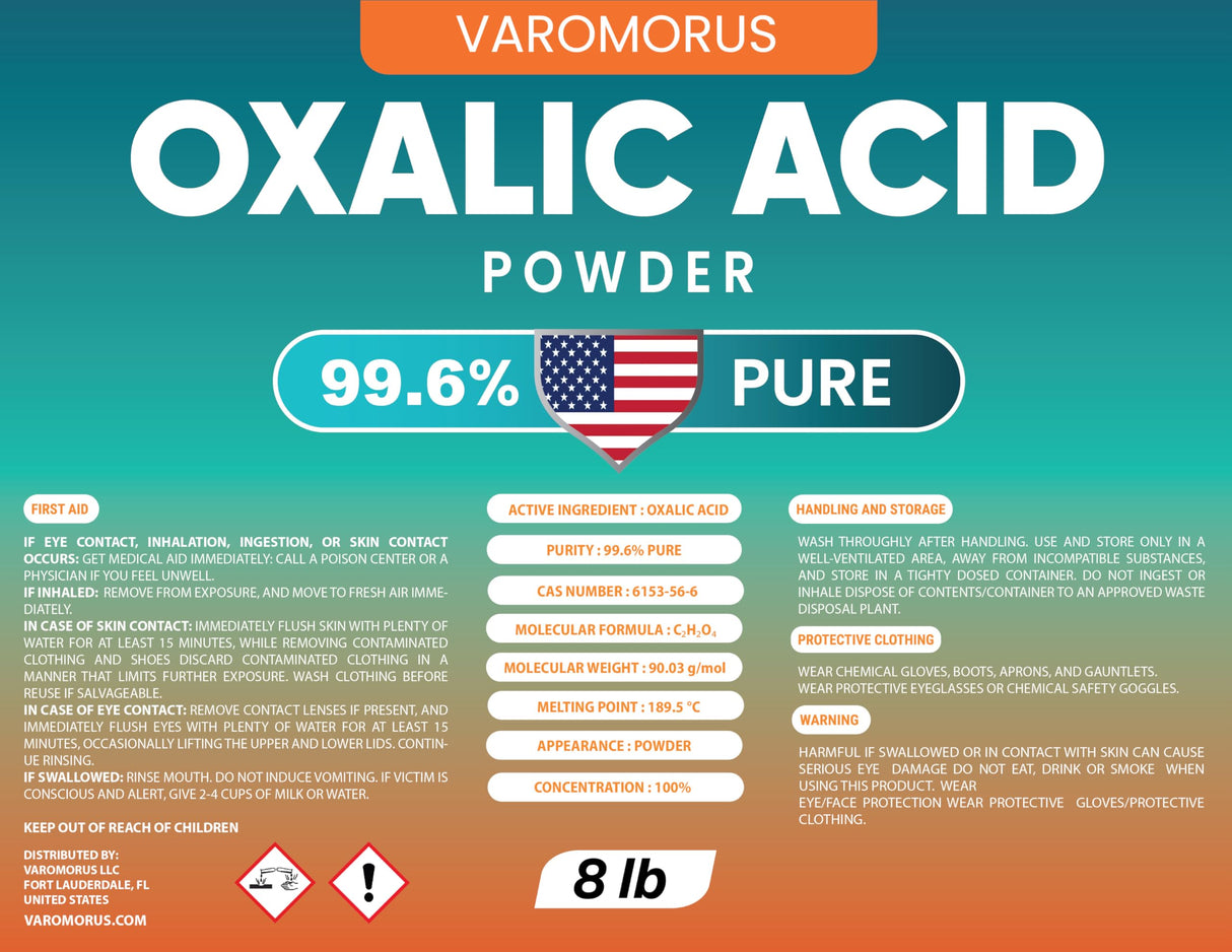 Varomorus Oxalic Acid 8 lbs - 99.6% Pure Fine Powder, Multi-Use Cleaner and Stain Remover for Wood, Metal, Rust, Wood Bleach, Hardwood Floor & Furniture Restorer, Pool - Industrial Cleaning Solution