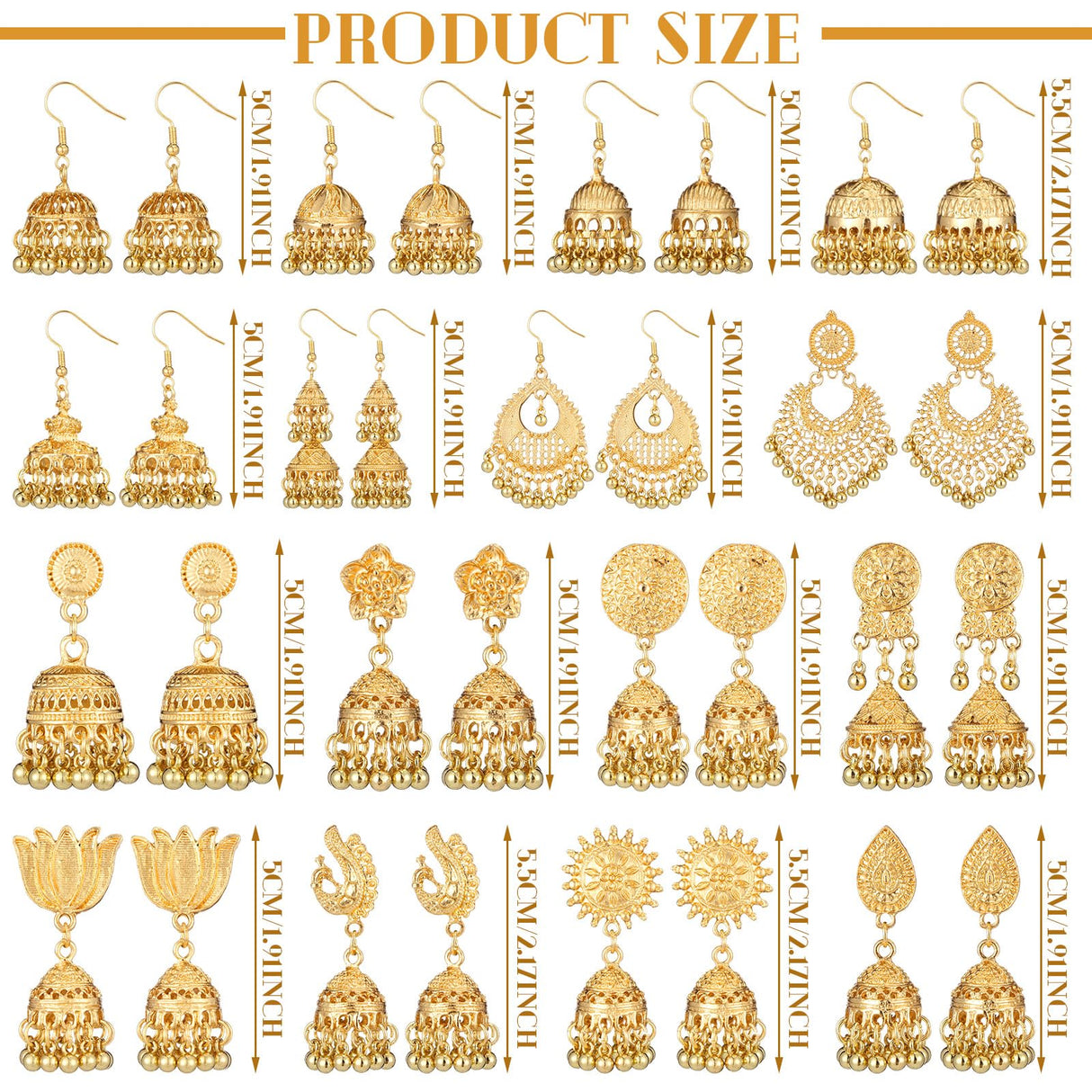 Nosiny 16 Pairs Jhumka Indian Earrings for Women Bell Dangle,Gold