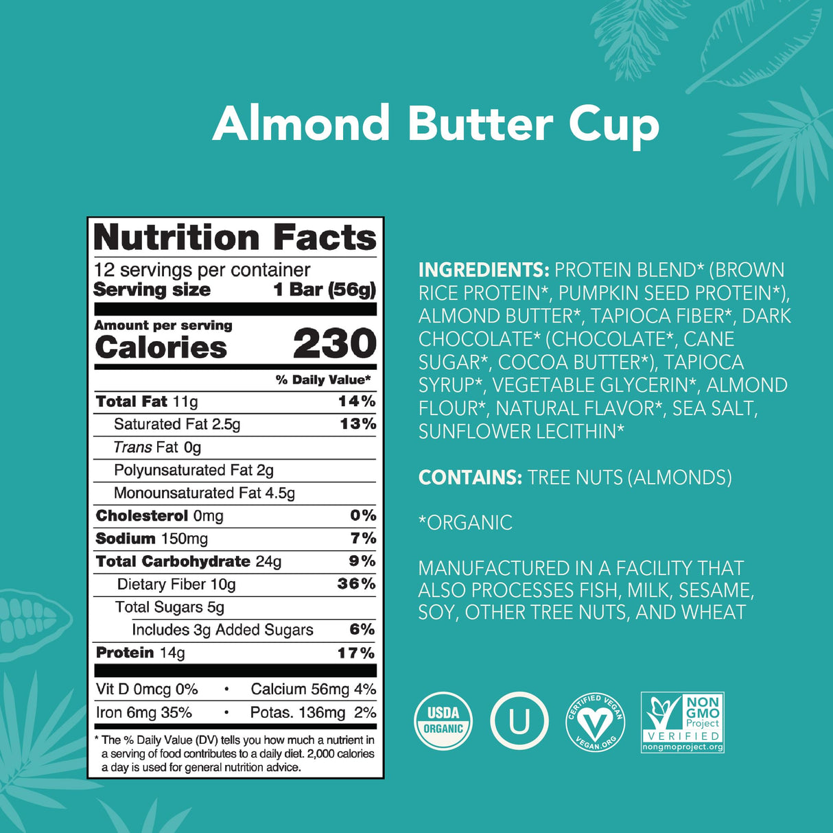 ALOHA Organic Plant Based Protein Bars - Almond Butter Cup - 12 Bars, Vegan, Low Sugar, Gluten-Free, Paleo, Low Carb, Non-GMO, No Stevia, No Erythritol