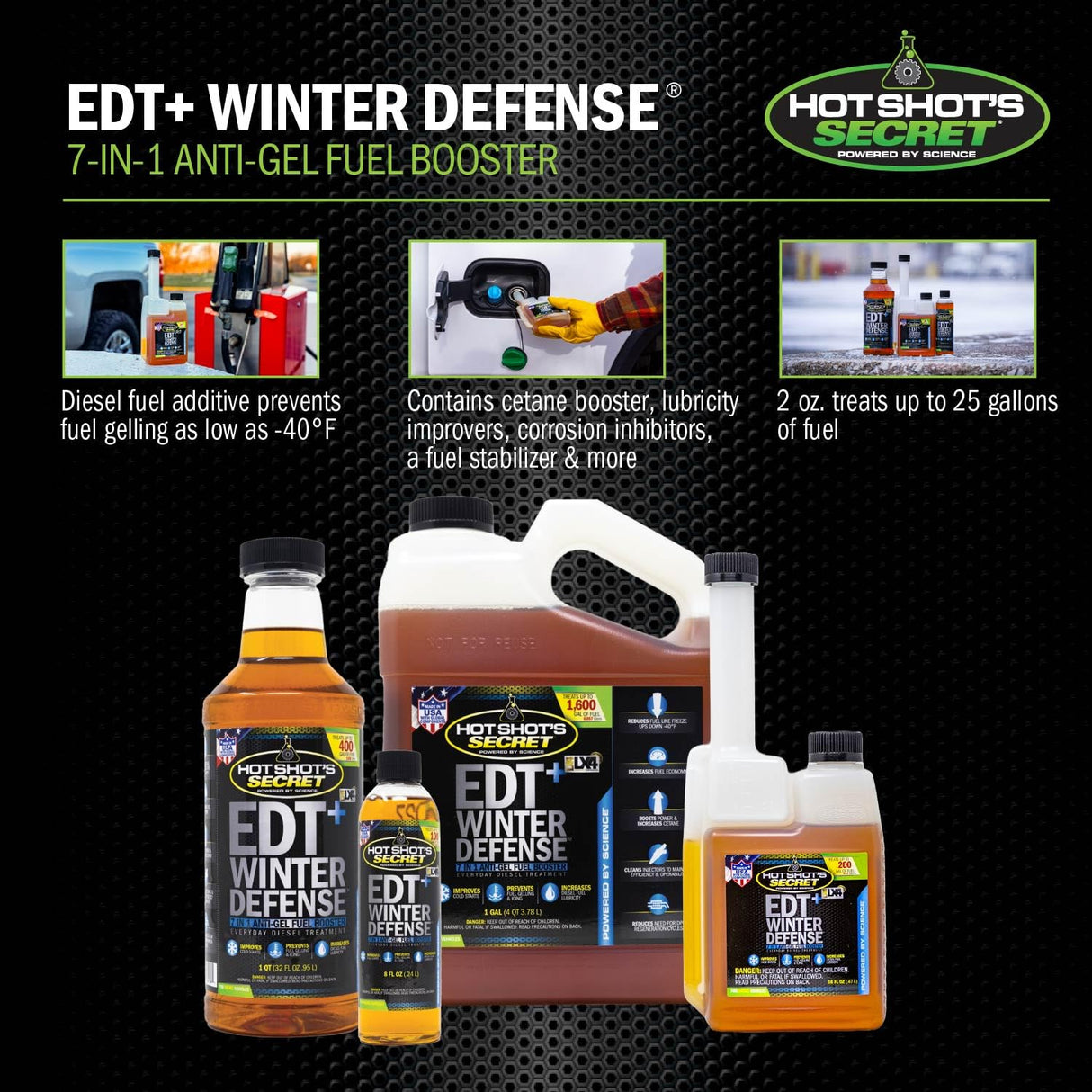 Hot Shot's Secret EDT+ Winter Defense 32oz, 7-in-1 Anti-Gel Diesel Fuel Additive – Prevents Gelling, Protects Fuel System, Diesel Additive Improves Cold Starts, Boosts Cetane