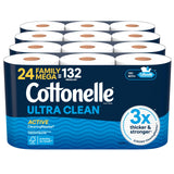 Cottonelle Ultra Clean Toilet Paper with Active CleaningRipples Texture, Strong Bath Tissue, 24 Family Mega Rolls = 132 Regular Rolls (4 Packs of 6)