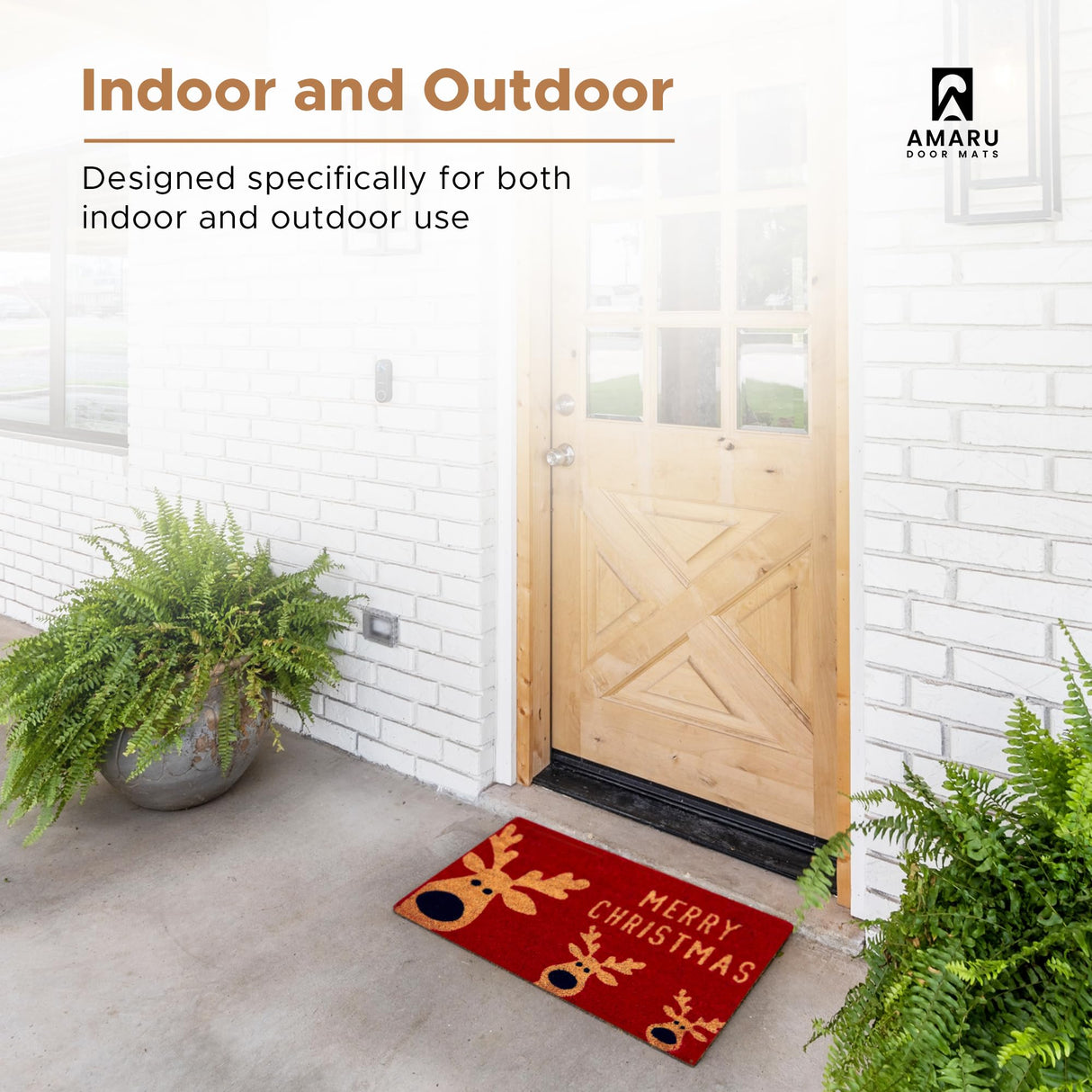 Christmas Reindeer - 17"x29" - Coir Door Mat with Heavy Duty Backing - Welcome Mats for Entryway, Porch - Anti-Slip PVC & Coconut Fiber Surface - Natural Home Accessories, Minimalist Original Design