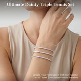 Dainty 2mm Silver Tennis Bracelet Set for Women, Sterling Silver Plated Triple Stackable Zirconia Bracelets, Minimalist Professional Jewelry for Business Casual Office Wear, 3-Piece Sparkle Wrist Set