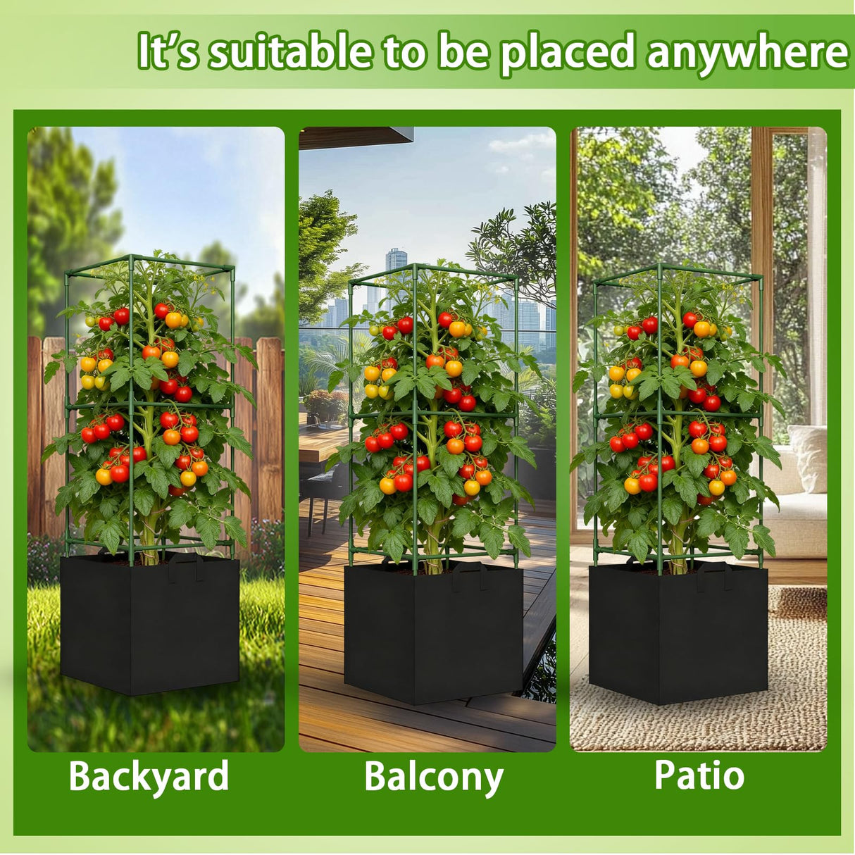 Tomato Cages for Garden, Tomato Planter with Trellis, 48in Tall Square Tomato Trellis with 18 Gallon Grow Bags, Patio & Balcony, Metal Tomato Cage for Tomatoes Cucumbers Peas Climbing Plants, 3 Pack