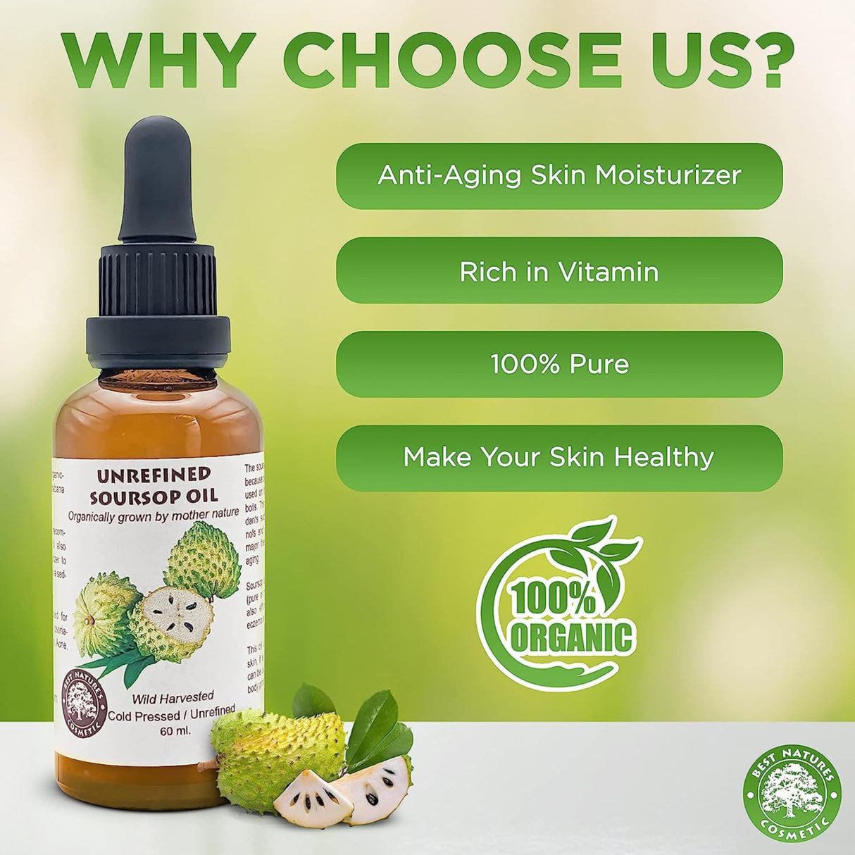 Best Nature's Cosmetics Virgin Soursop Graviola Guanabana Oil (Organic, Undiluted, Cold Pressed, Unrefined) 4 oz / 120 ml – Natural Moisturizer for Dry and Damaged Skin.