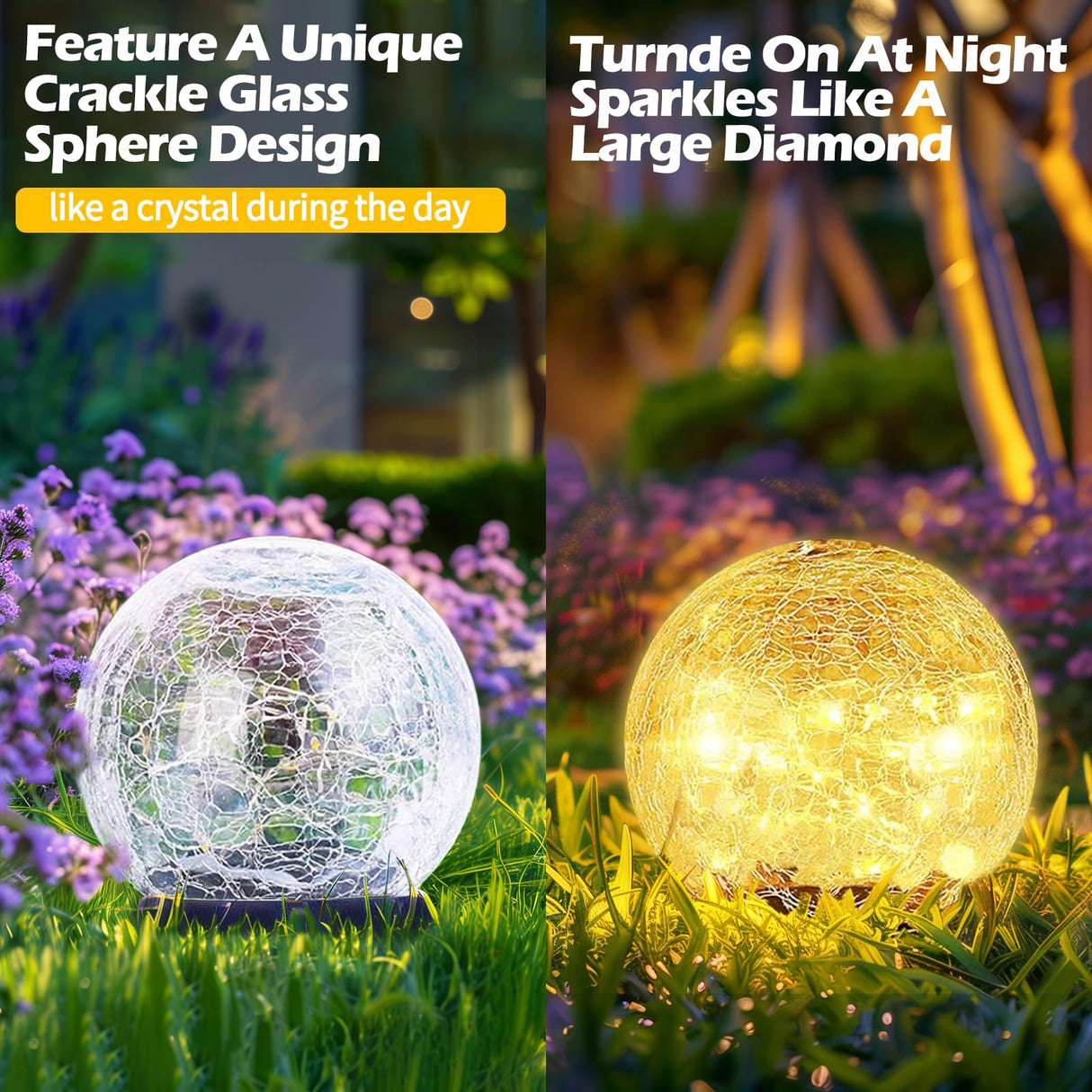 Garden Solar Ball Lights Outdoor Waterproof, 50 LED Cracked Glass Globe Solar Power Ground Lights for Path Yard Patio Lawn, Christmas Decoration Landscape Warm White(2 Pack 4.7'')