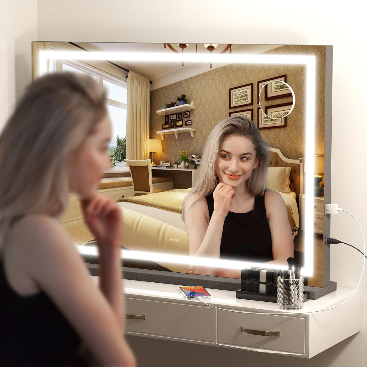 Hasipu Vanity Mirror with Lights, 32" x 22" LED Makeup Mirror, Lighted Makeup Mirror with Dimmable 3 Modes, Touch Screen Control Vanity Mirror Square Black