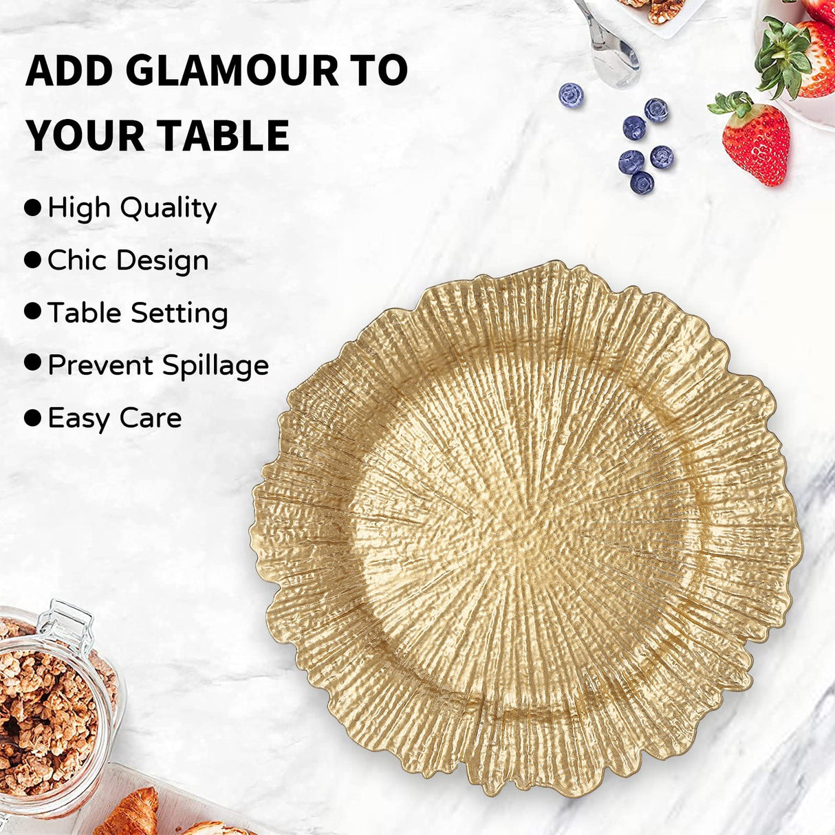 MAONAME Round 13" Gold Charger Plates, Set of 6, Reef Plate Chargers for Dinner Plates, Plastic Table Chargers for Wedding, Thanksgiving, Christmas