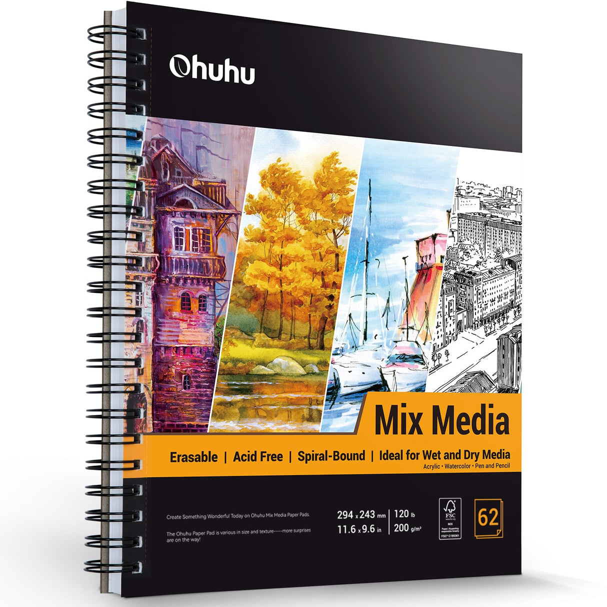 Ohuhu Mix Media Pad, 11.6"x9.6" Mixed Media Art Sketchbook, 120 lb/200 gsm Heavyweight Papers, 62 Sheets/124 Pages, Spiral Bound Mixed Media Paper Pad for Acrylic, Painting Christmas Gift