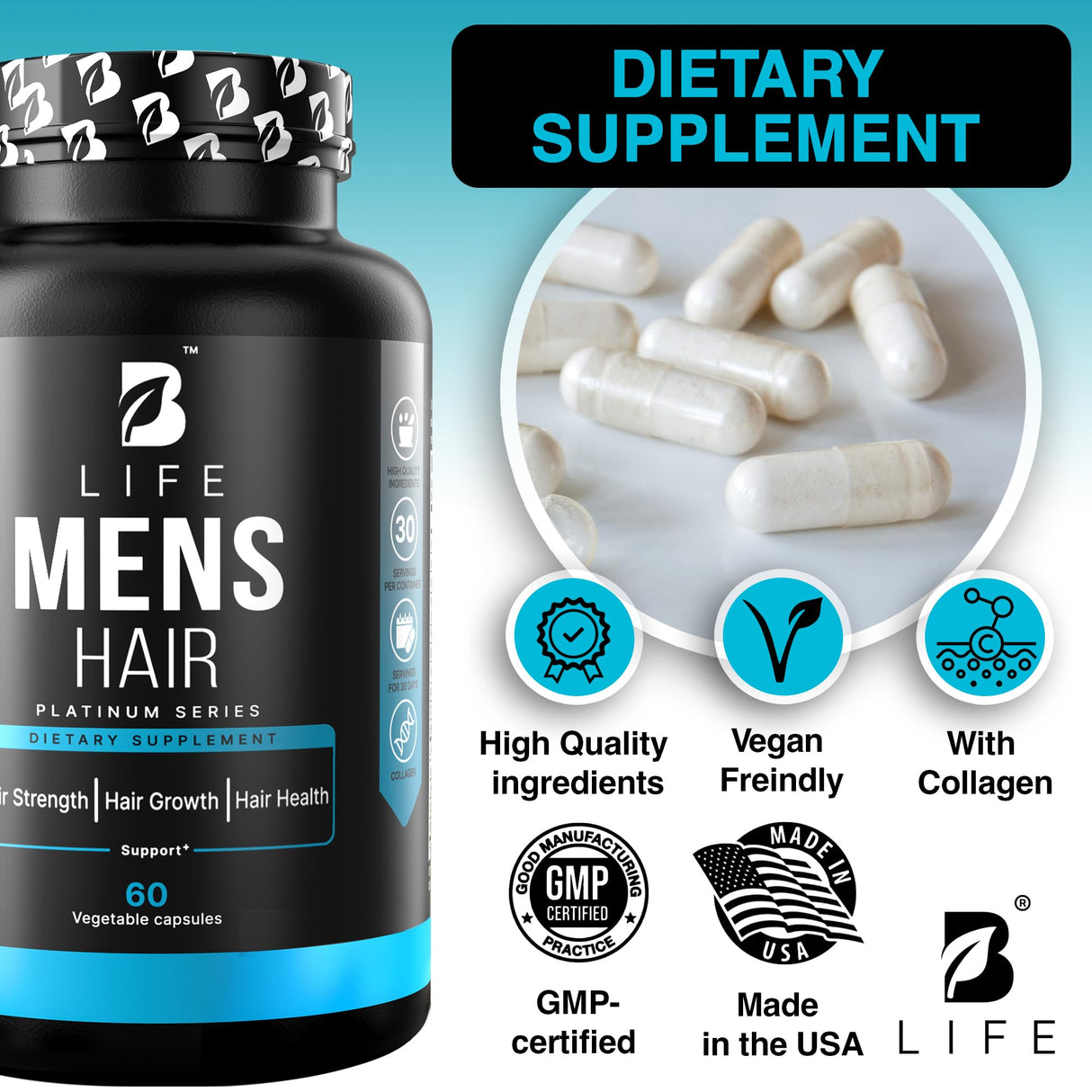 Men’s Hair Supplement – 60 Capsules – Biotin for Hair Growth Men – Hair Vitamins for Hair Loss for Men – Hair Supplements for Hair Growth with Collagen, Zinc, Selenium, Vitamins A,C,D,E – 30 Servings