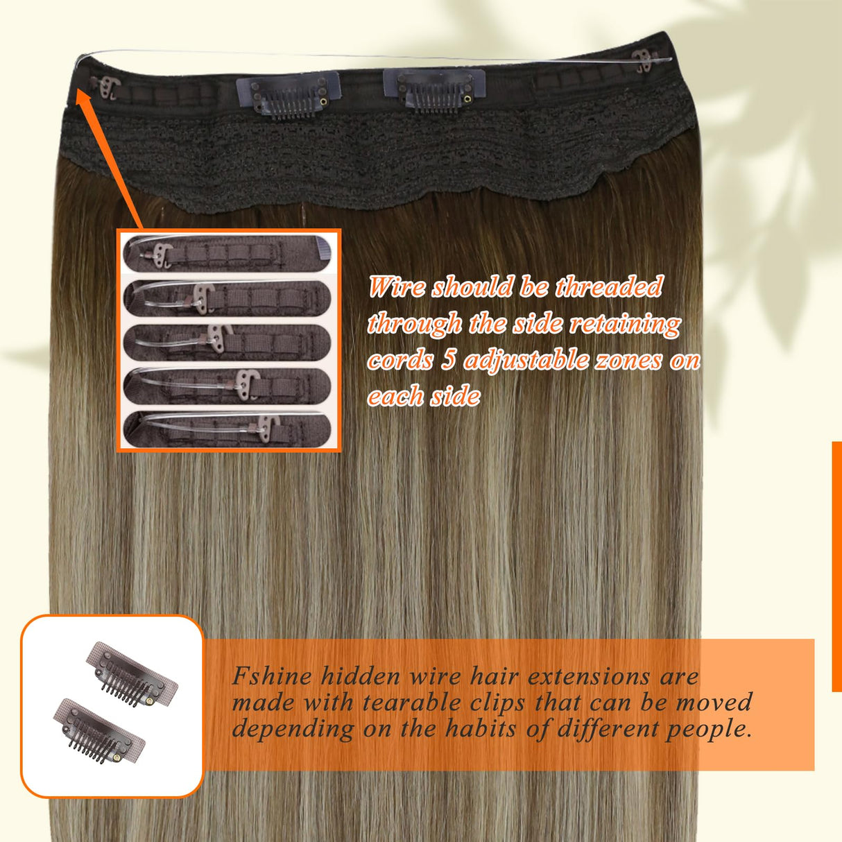 Fshine Invisible Wire Hair Extensions Real Human Hair Secret Extensions Wire Layered Hairpiece Dark Brown to Ash Brown and Blonde One Piece Hair Extensions Clip in Human Hair Wire 16 Inch 80 Gram