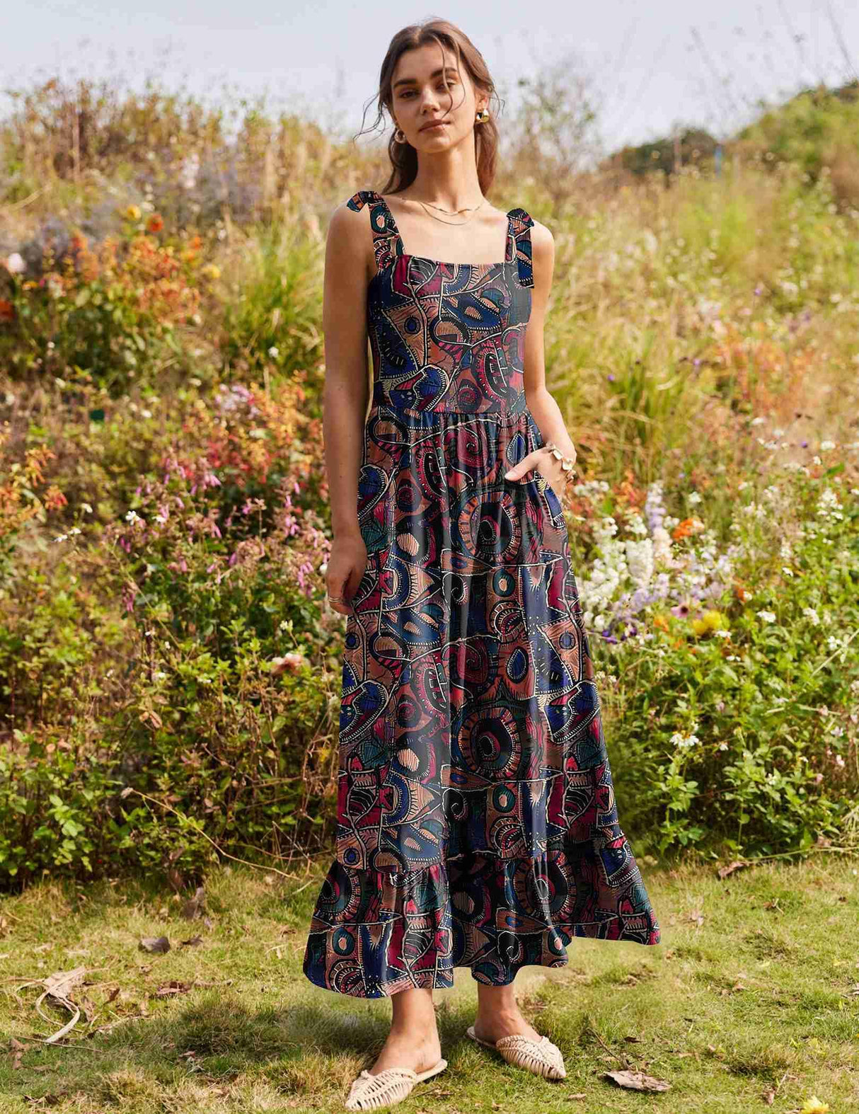 Zeagoo Summer Dress for Women Floral Spaghetti Strap Maxi Dress Casual Tiered Dresses for Women Flowy Dress Vacation Dress with Pockets M