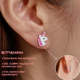 16 Pairs Hypoallergenic Screw Back Earrings for Women Girls 316L Stainless Steel Unicorn Butterfly Strawberry Cherry Flat Back Stud Earrings Jewelry Gift