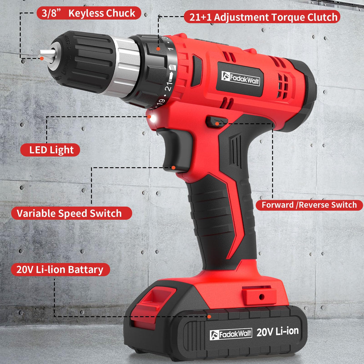 FADAKWALT Cordless Drill Set Red-7420