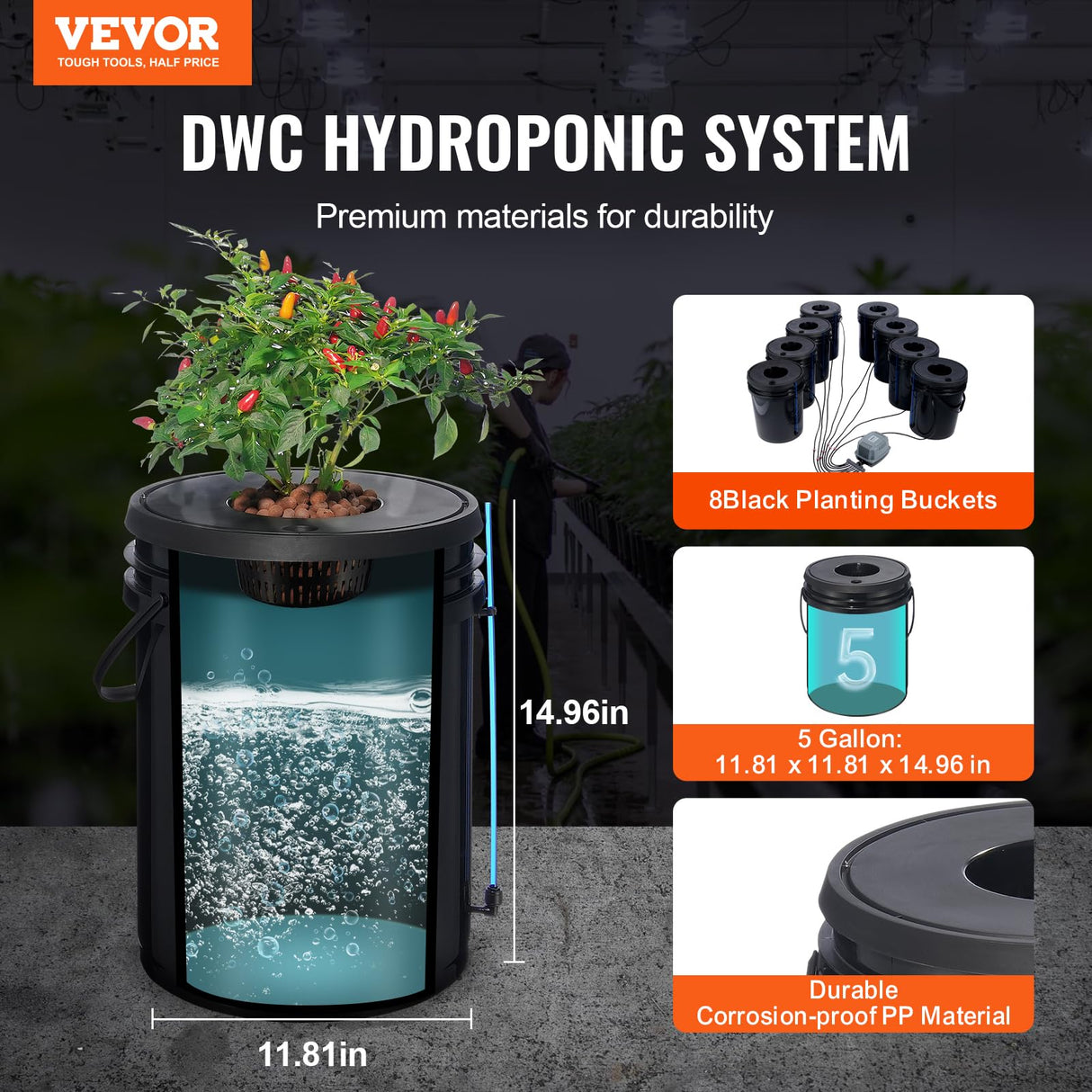 VEVOR DWC Hydroponic System, 5 Gallon 8 Buckets, Deep Water Culture Growing Bucket, Hydroponics Grow Kit with Pump, Air Stone and Water Level Device, for Indoor/Outdoor Leafy Vegetables