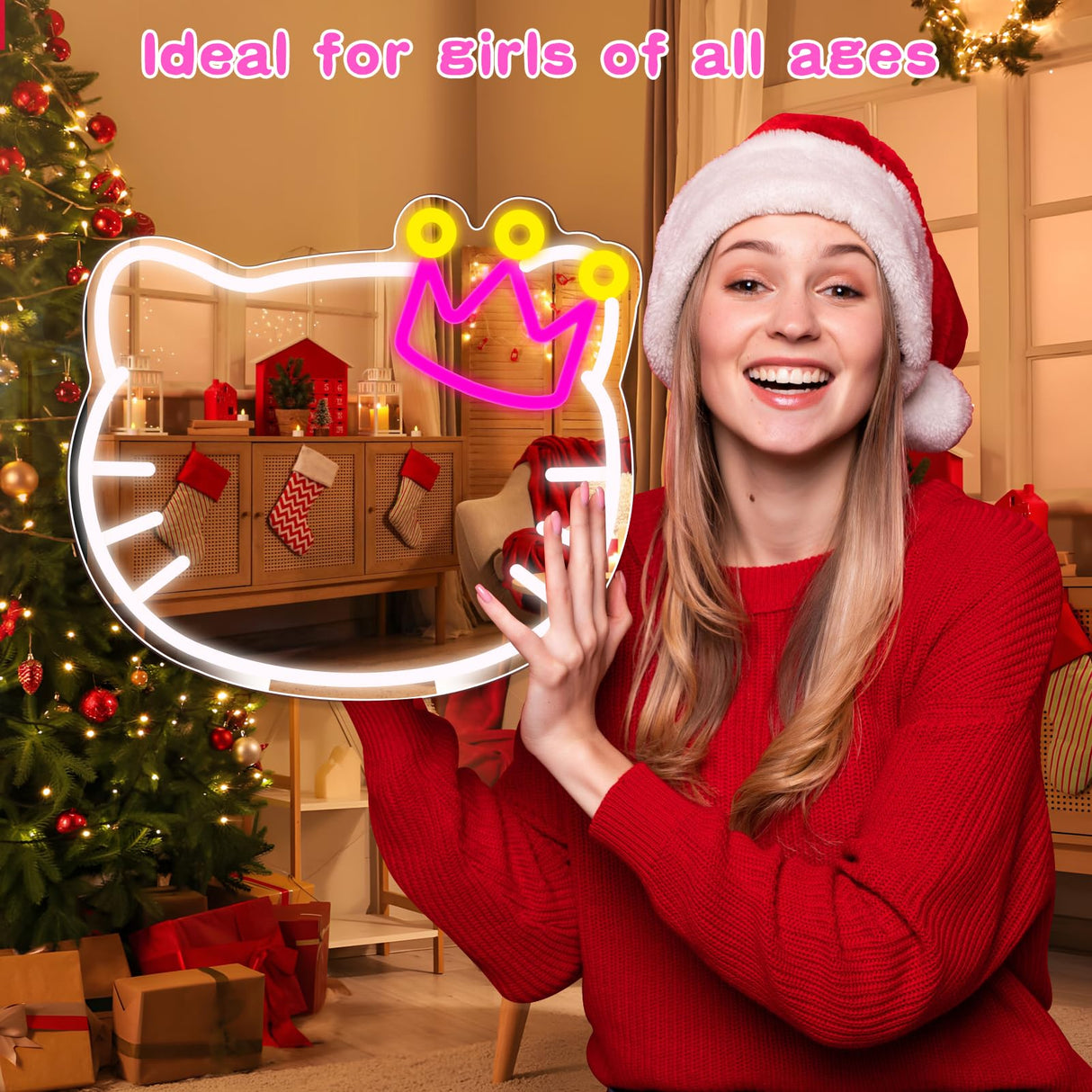 Anime Vanity Mirror with Neon Sign, 15.3 x 13.3 Inch USB Powered Makeup LED Mirror with Adjustable Brightness, Anime Style Room Wall Decor for Girls Teen Bedroom Women Children Gift Birthday Christmas