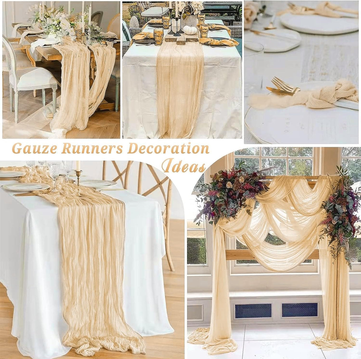 12 Pack Beige Cheesecloth Table Runner, 35x120 Inch Romantic Boho Gauze Table Runner 10ft Rustic Sheer Cheese Cloth Table Decor for Christmas Wedding Baby Shower Birthday Party Table Decoration