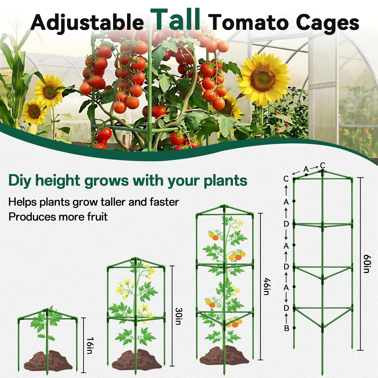 Halatool 3 Pack 60 Inch Adjustable Tomato Cages for Graden