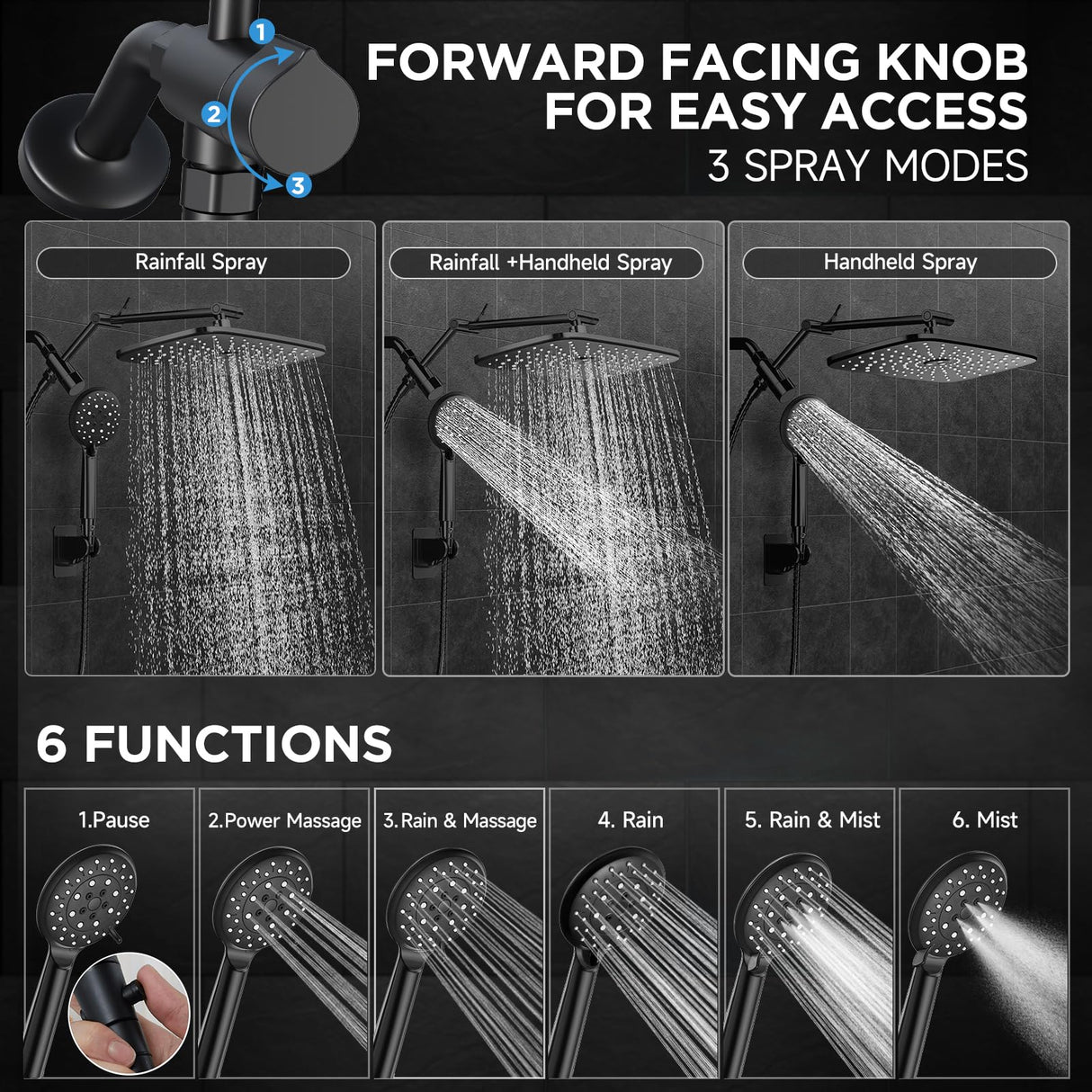 Veken Wide Rain Shower Head with Multi-Modes Handheld Water Spray,High Pressure Showerhead Combo with Arm for Bathroom Accessories,Home Decor Adjustable Dual Shower with Anti-Clog Nozzles,Matte Black