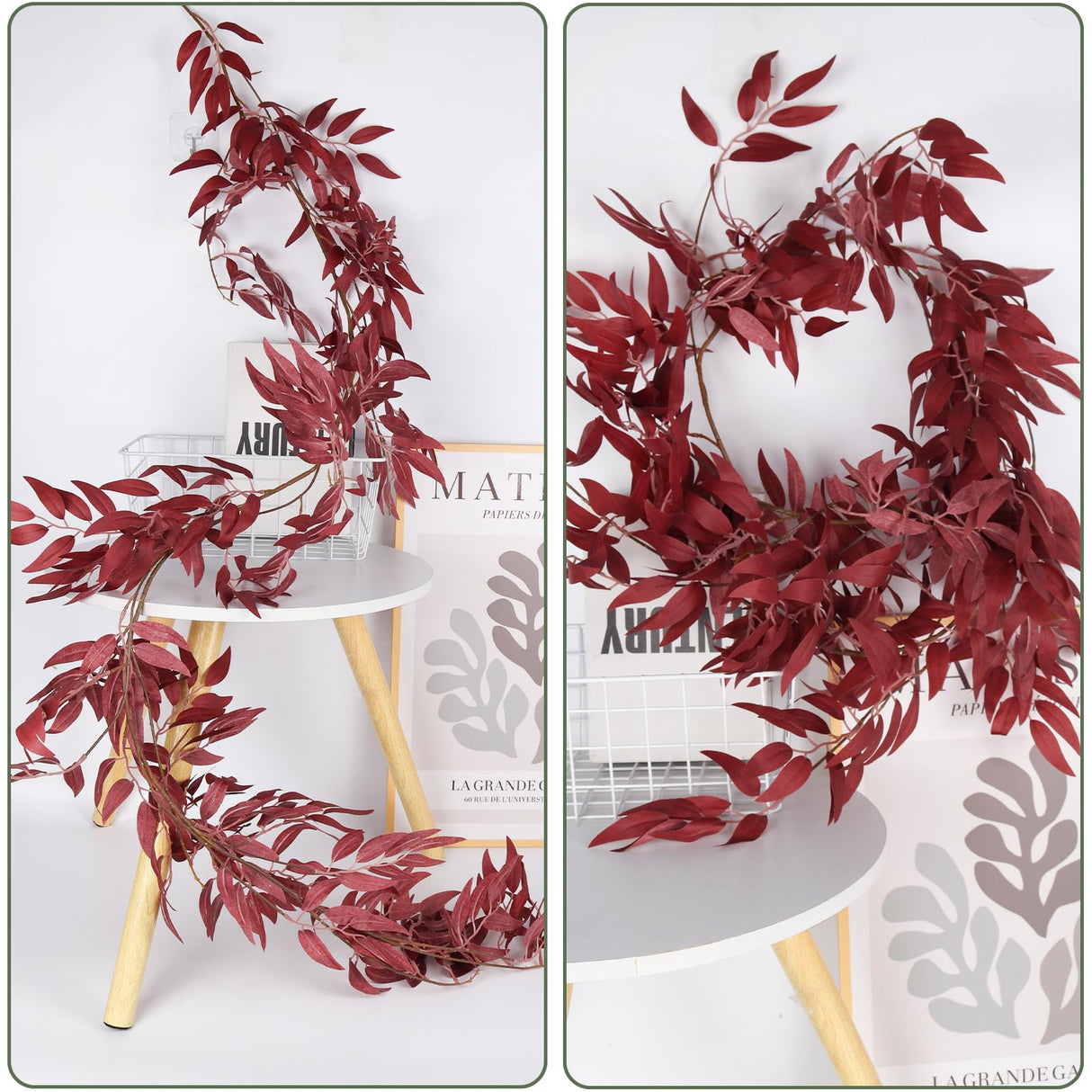 RECUTMS Artificial Hanging Willow Leaves Vine Twigs 2Pcs 5.7Ft Fake Silk Burgundy Leaf Ivy Fall Garland Faux Greenery Indoor Outdoor Valentines Day Wedding Birthday Christmas Thanksgiving Party Decor