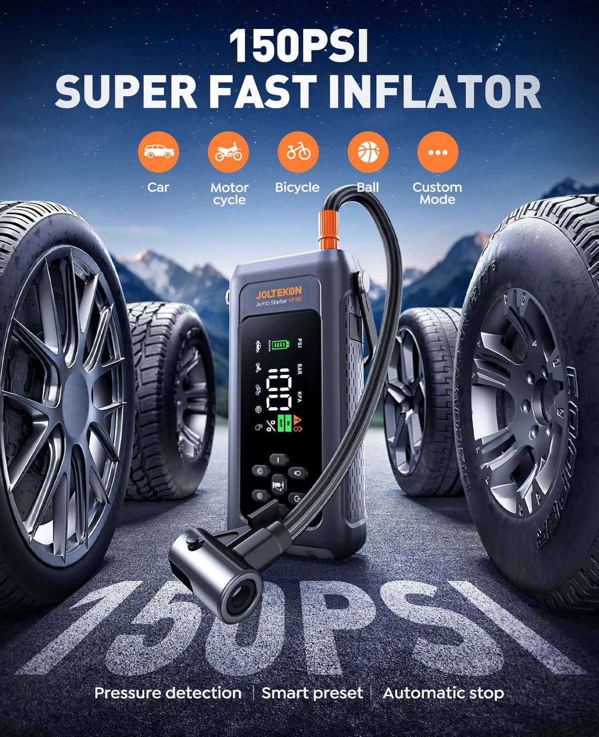JOLTEKON Car Battery Jump Starter with Air Compressor 4500A 150PSI, Car Jumper Starter Portable (9L Gas/8L Diesel), Jump Box Car Battery with Auto-Shutoff Tire Inflator, Jumper Cables and Light