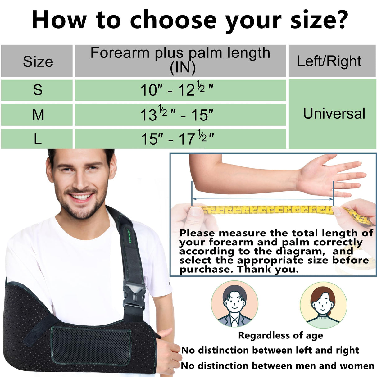 KONSEDIK Arm Shoulder Sling for Men and Women,Porous comfort Medical Sling with Pocket Shoulder Pad for Rotator Cuff Injury,Support for Arm,Wrist, Elbow,Clavicle Fracture Post-Surgery(Black,Large)