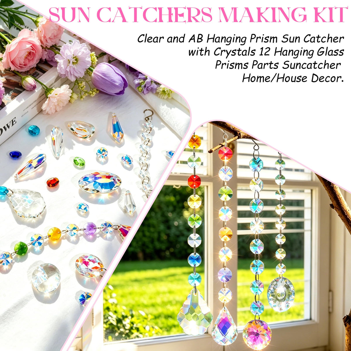 DIY Suncatchers 212pcs Sun Catchers Making Kit for Adults Clear Hanging Prism Sun Catcher with Crystals Rainbow Maker 12 Hanging Glass Prisms Parts Suncatcher Home/House Garden Decor (Creative Styles)