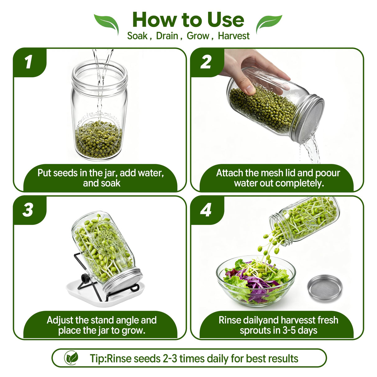 Wnfou 4 Pack Sprouting Jar Kit with Wide Mouth Mason Jars, Sprouting Lids, Stands, Drip Trays and Brushes, Seed Sprouter Set for Growing Broccoli, Mung Bean and Fresh Sprouts for Indoor Kitchen Use