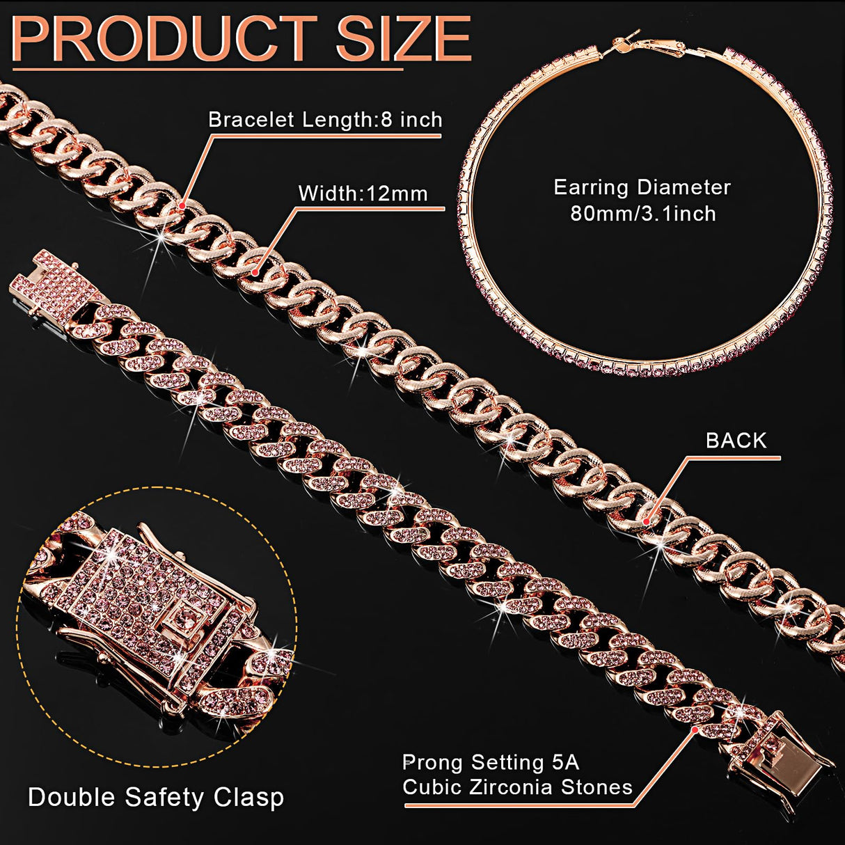 Batiyeer 3pcs Cuban Link Necklace Bracelet Set Women,18 Inch;Rose Gold Pink