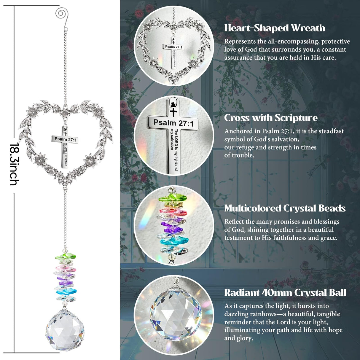 Elivida Christian Gifts for Women, Heart-Shaped Suncatcher with Cross - Religious Birthday Ornament with Scripture The Lord is My Light and My Salvation - Inspirational Catholic Spiritual Gifts