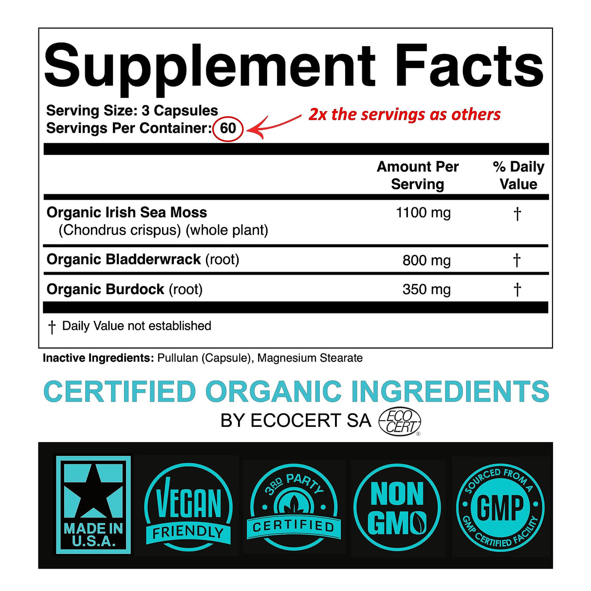 SPARTIS Certified Organic Sea Moss Capsules 2250mg Wildcrafted Irish Sea Moss Burdock Root Bladderwrack Supplement Raw Seamoss Pills & Powder (Pack of 1 at 180-Caps)