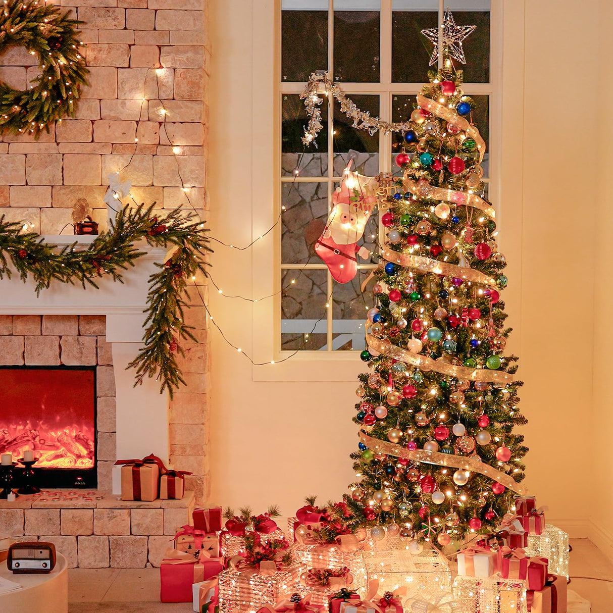 Hykolity 6ft Prelit Pencil Slim Christmas Tree with 200 Color Changing LED Lights, 544 Branch Tips, Metal Stand and Hinged Branches, 10 Color Modes