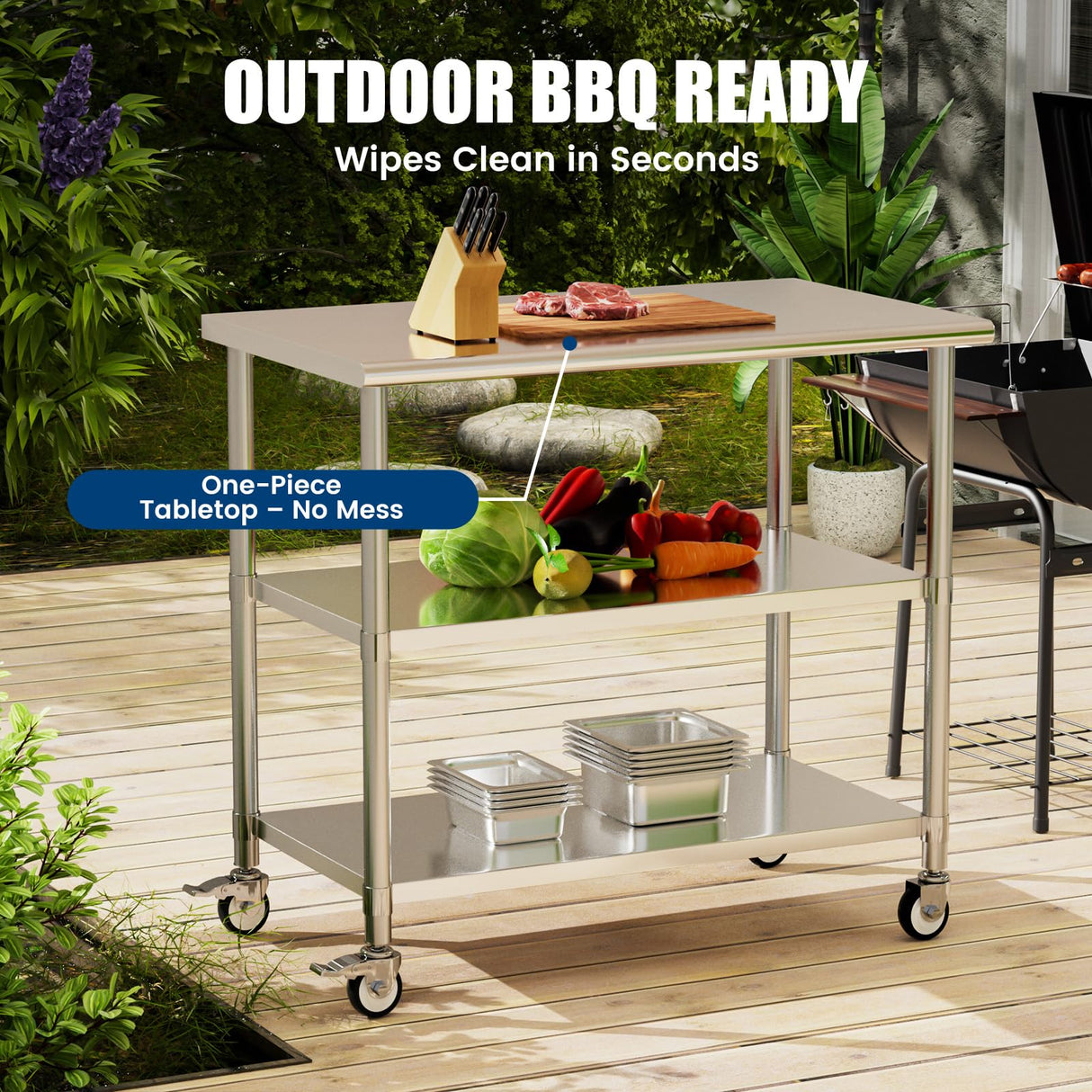 Chingoo Stainless Steel Work Table with Wheels, 24x48 Inch NSF Kitchen Prep Table with 2 Adjustable Undershelves for Commercial Restaurant, Garage, Outdoor BBQ