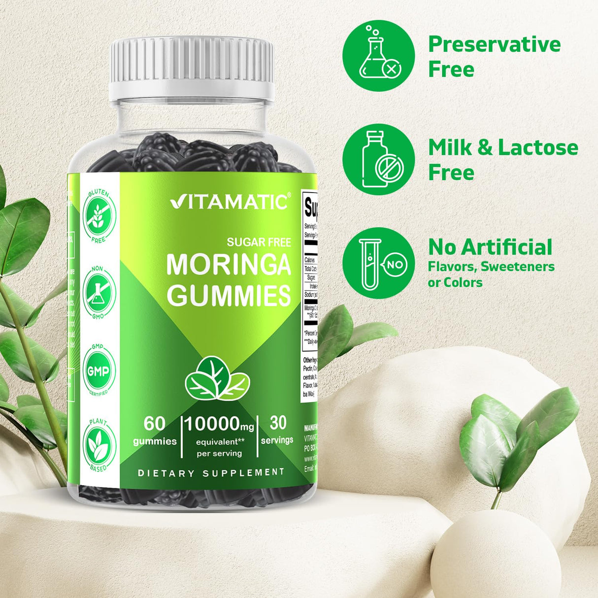 Vitamatic 2 Packs Sugar Free Moringa Gummies- 10000 mg Equivalent Per Serving (from 50:1 Extract 200 mg)- Complete Green Superfood 20X Extract - 60 Pectin Based Gummies