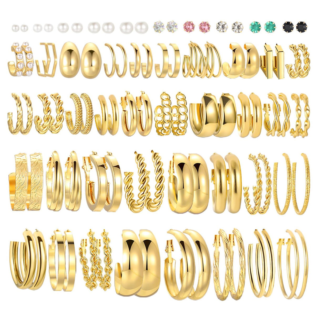 46 Pairs Gold Hoop Earrings Set for Women, Fashion Hypoallergenic Chunky Twisted Pearl Stud Earrings Multipack, Small Big Hoops Earring Packs Trendy for Christmas Birthday Party Jewelry Gift