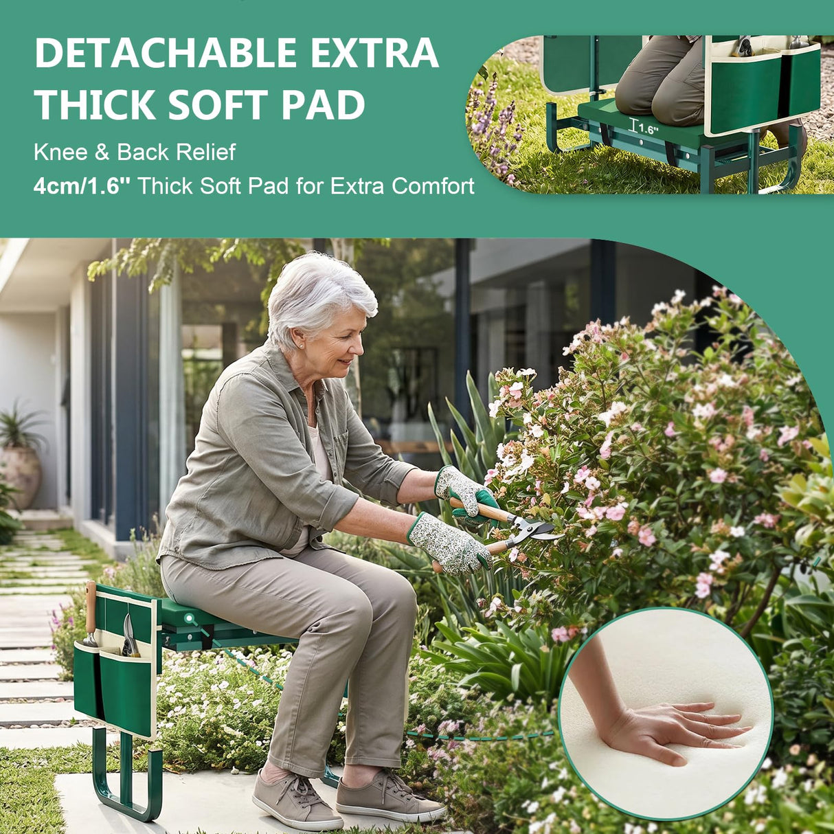 AUROPEAK 2-in-1 Garden Kneeler and Seat, Adjustable Garden Stool with Thickened Pad & Handles, 7-Level Height Adjustment, Foldable 420lbs with 2 Tool Bags for Seniors Gardening Outdoor Use