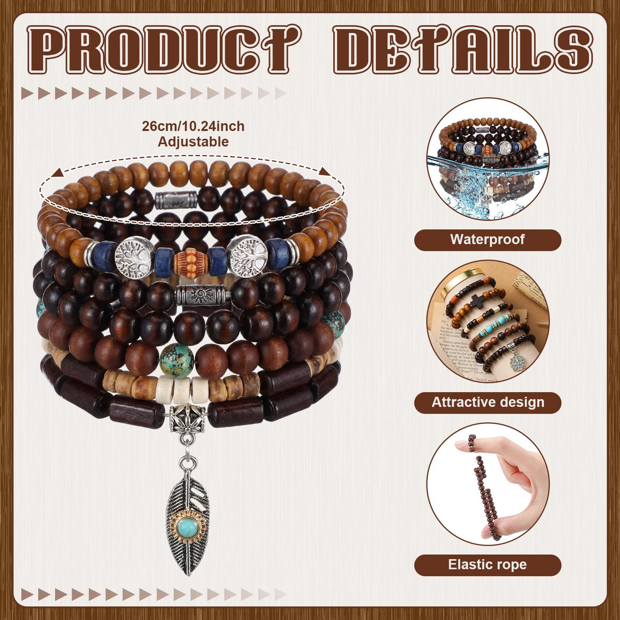 Tondiamo 48 Pcs Punk Wooden Beads Bracelets Gothic Bracelet for Men