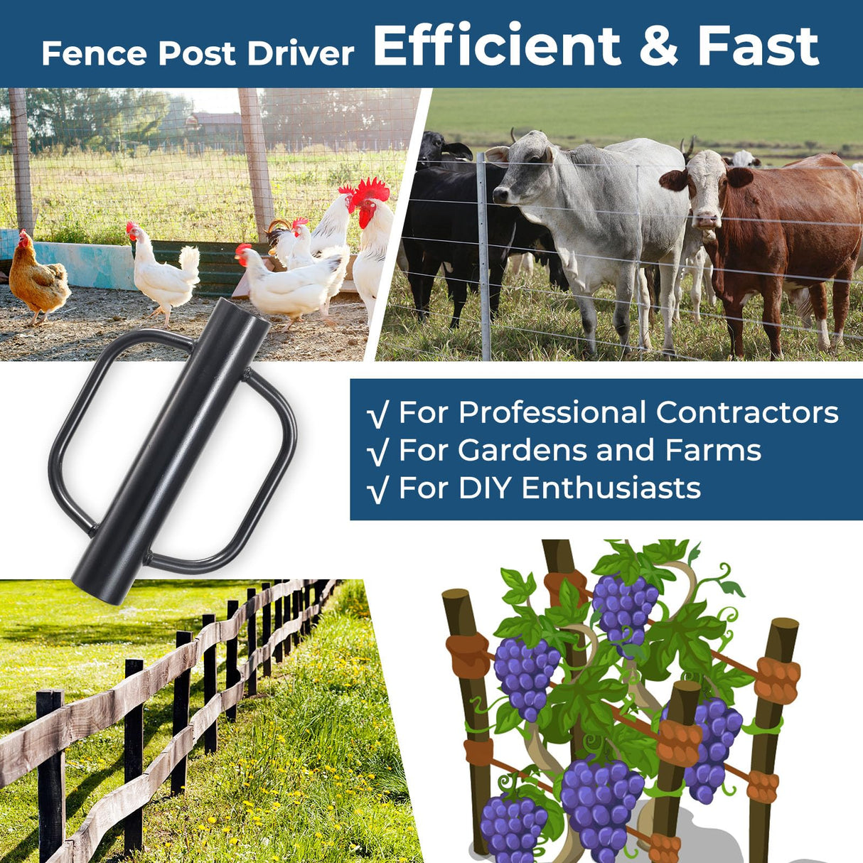 Fence Post Driver, 12LBS Fence Post Driver with Handle, 2.7 inch Inner Diameter Hand Post Pounder, Heavy Duty T Post Rammer Driver Tool for Wooden Post U Channel Fence Post Metal Post, Black 17 Inch