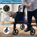 Premium 3 Wheel Rollator Walker for Seniors, Lightweight Foldable Elderly Three Wheeled Rollator with Storage Bag, Aluminum Mobility Aid Rolling Walker (Black & Blue)