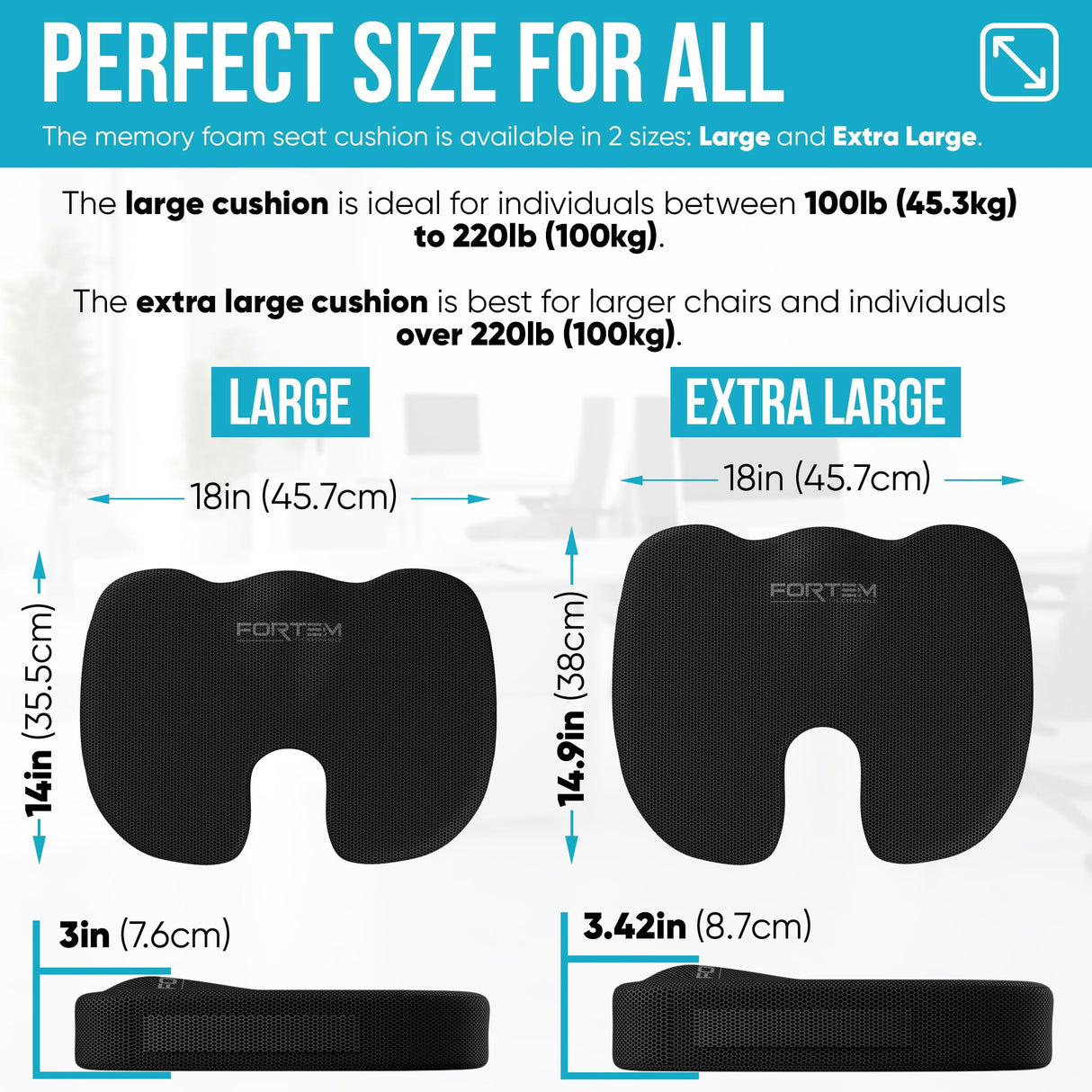 FORTEM Office Chair Cushion and Back Support for Office Chair, Lumbar Support Pillow, Memory Foam, Non Slip Sitting and Back Rest for Gaming, Car Seat Cushion, Chair Pad