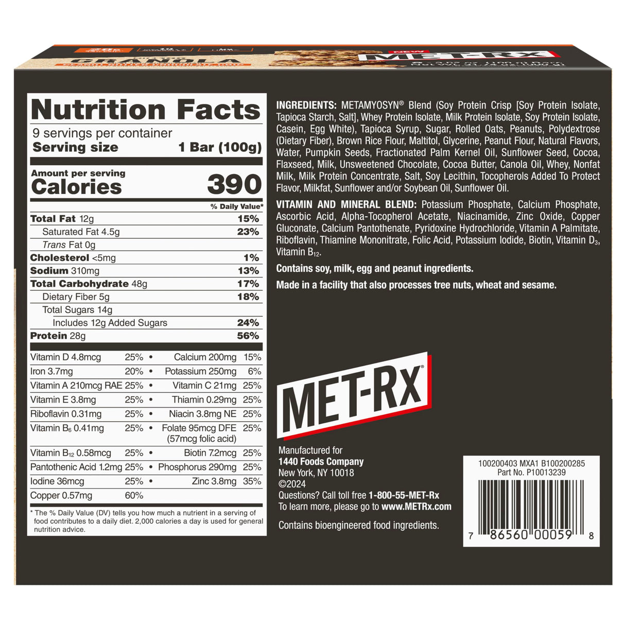 MET-Rx Big 100 Granola Protein Bar, Meal Replacement Bar, 32G Protein,Peanut Butter Chocolate Chip, Pack of 9