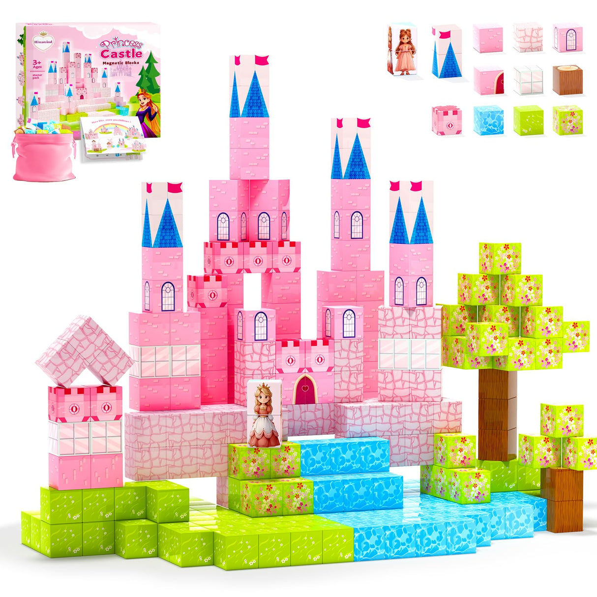 Hiwawind 64 Pcs Magnetic Blocks-Princess Castle Collection World,Magnetic Building Blocks for 3+ Year Old Boys & Girls, Creative STEM Sensory Toys,Christmas Birthday Gifts for Kids Ages 3-8